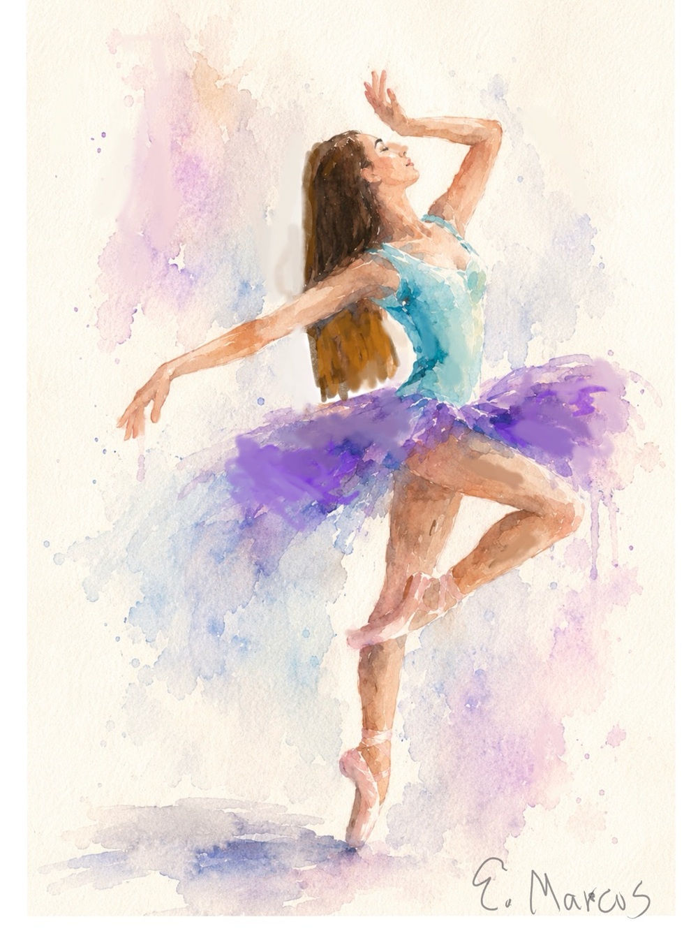 Watercolor Ballet Dancer Art Print in Purple and Teal